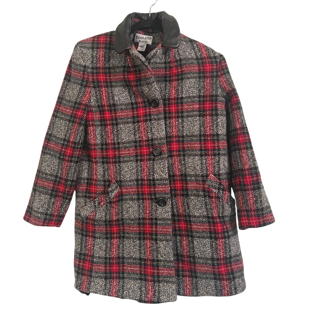 VINTAGE Pendleton‎ Plaid Wool Blend Coat Womens Size 12 Red Black Leather Collar